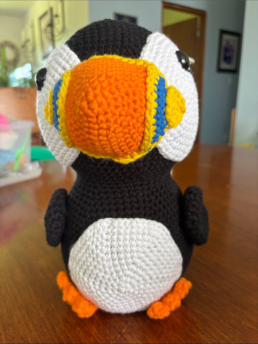 Handmade Black & White Plush Puffin Toy with Orange Beak